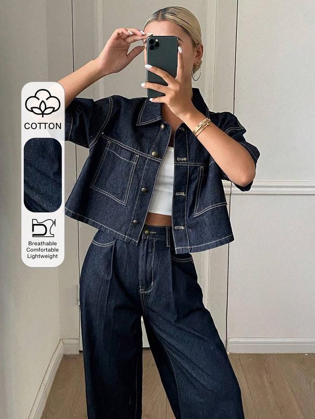 dark wash denim short sleeve shirt and trousers set