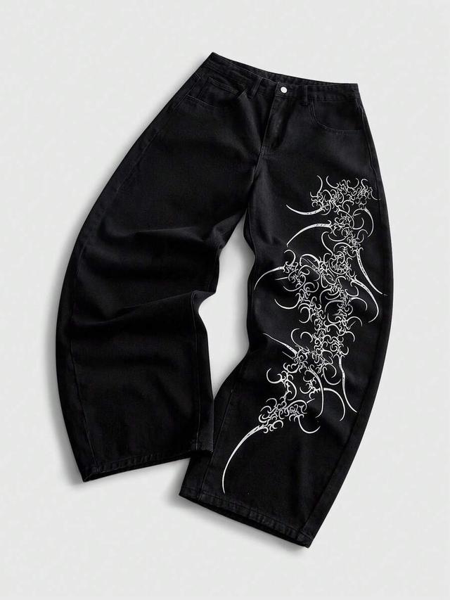 black loose fit jeans with white tribal print