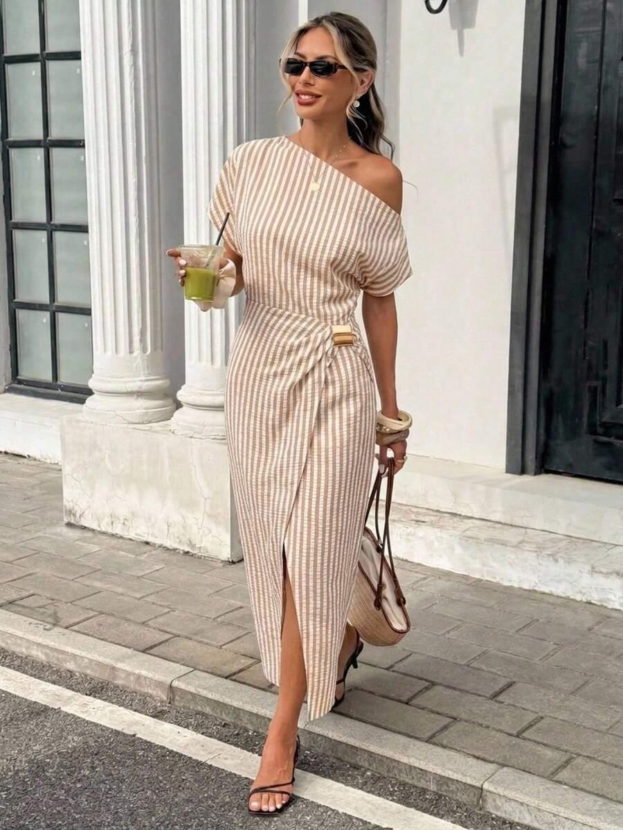 striped one-shoulder midi dress with side hardware