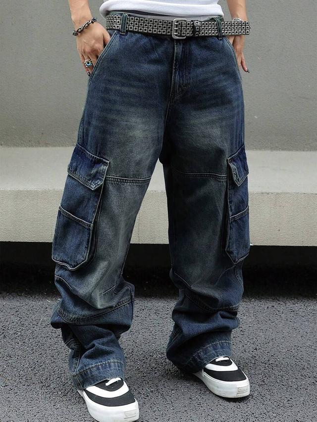 men's baggy denim cargo pants with large side pockets