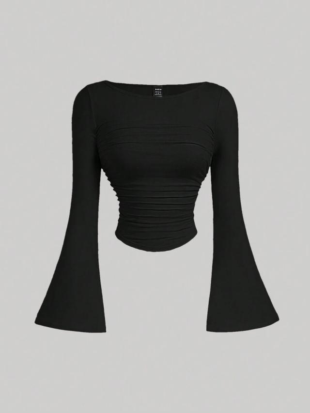 black boat neck bell sleeve ruched crop top
