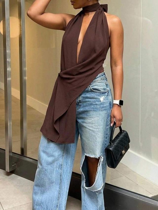 dark brown sleeveless wrap tie neck party blouse