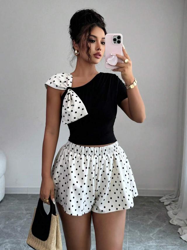 polka dot oblique shoulder bowknot top and skort set