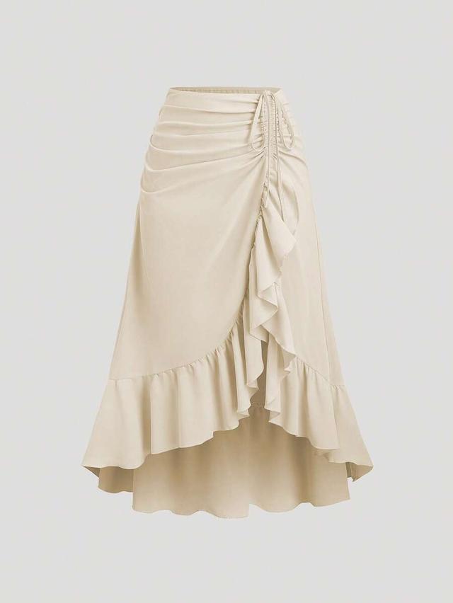beige drawstring ruffle layered high-low skirt