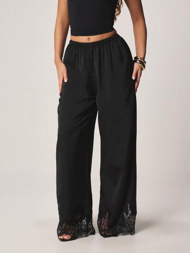 black wide leg palazzo trousers with lace hem