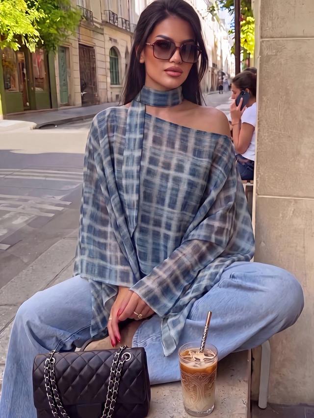 elegant plaid asymmetric scarf collar shawl top