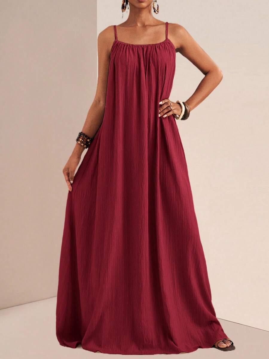 burgundy textured spaghetti strap loose maxi dress