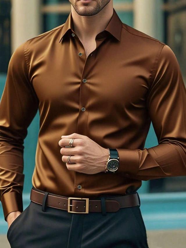 men's solid brown satin long sleeve formal shirt