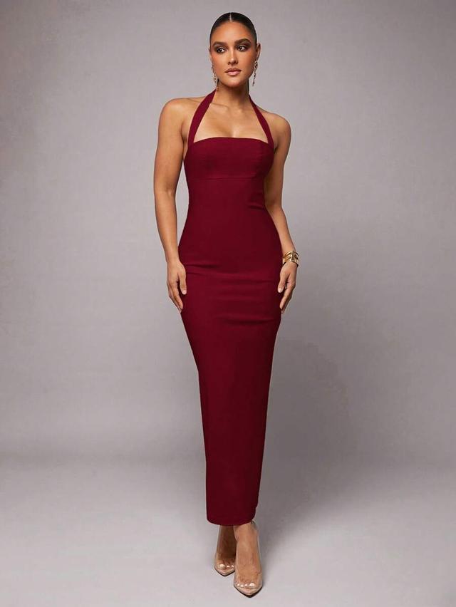 burgundy red halter neck backless bodycon maxi dress