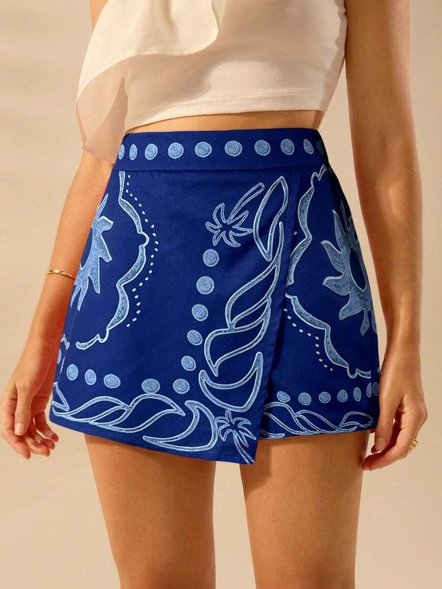 tropical print blue cotton wrap shorts
