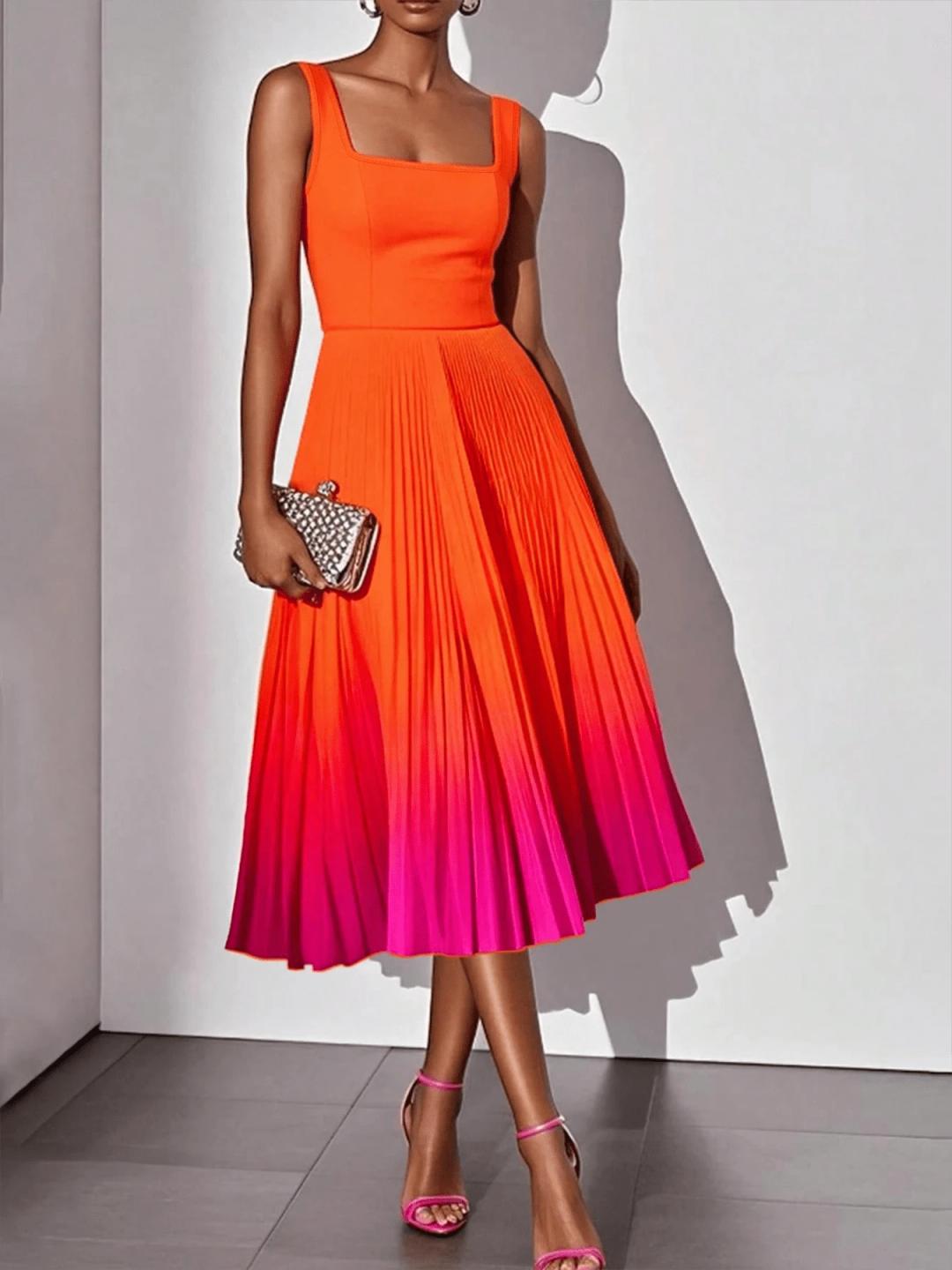 vibrant orange to pink ombre pleated midi dress