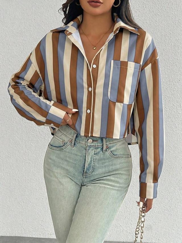 striped button-front long sleeve shirt with pockets