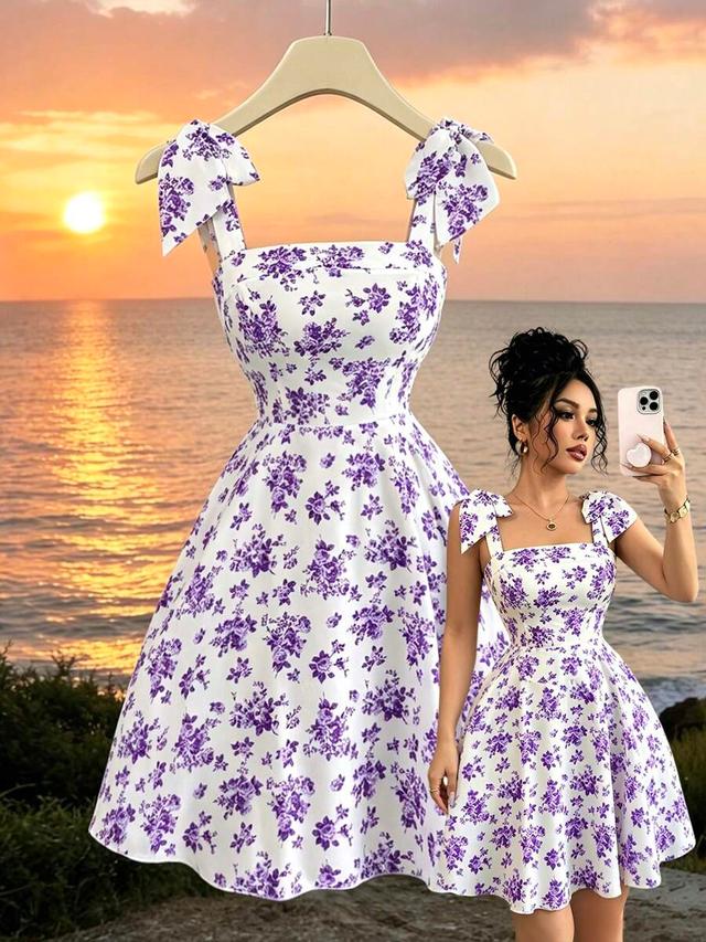 ditsy floral shoulder tie bow waisted a-line dress