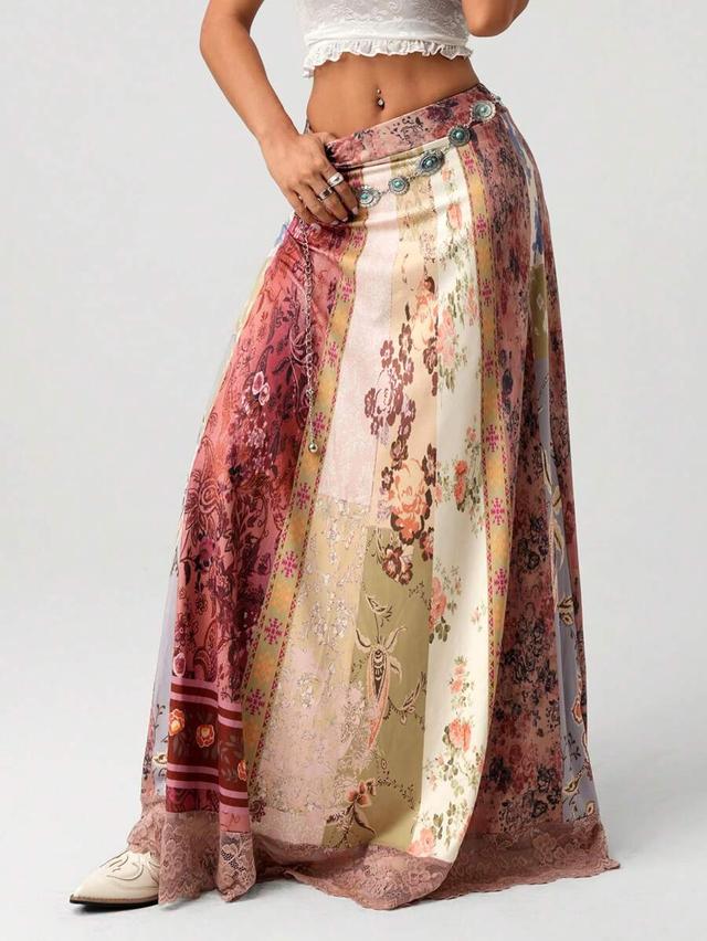 vintage patchwork print a-line lace trim long skirt
