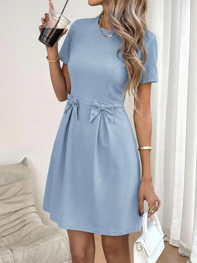 light blue short sleeve bow tie party dress