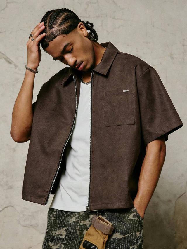 dark brown textured pu zip-up boxy shirt