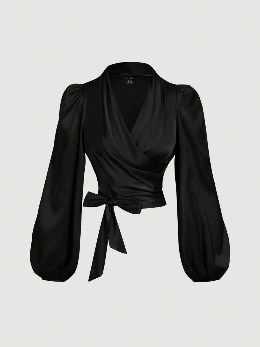 black satin wrap-around tie-up batwing sleeve blouse