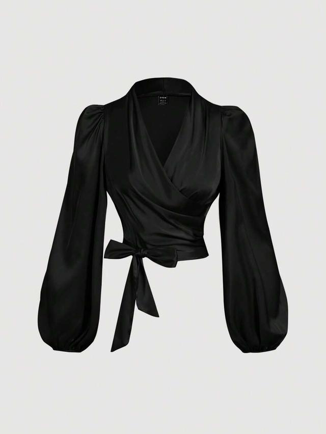 black satin wrap-around tie-up batwing sleeve blouse