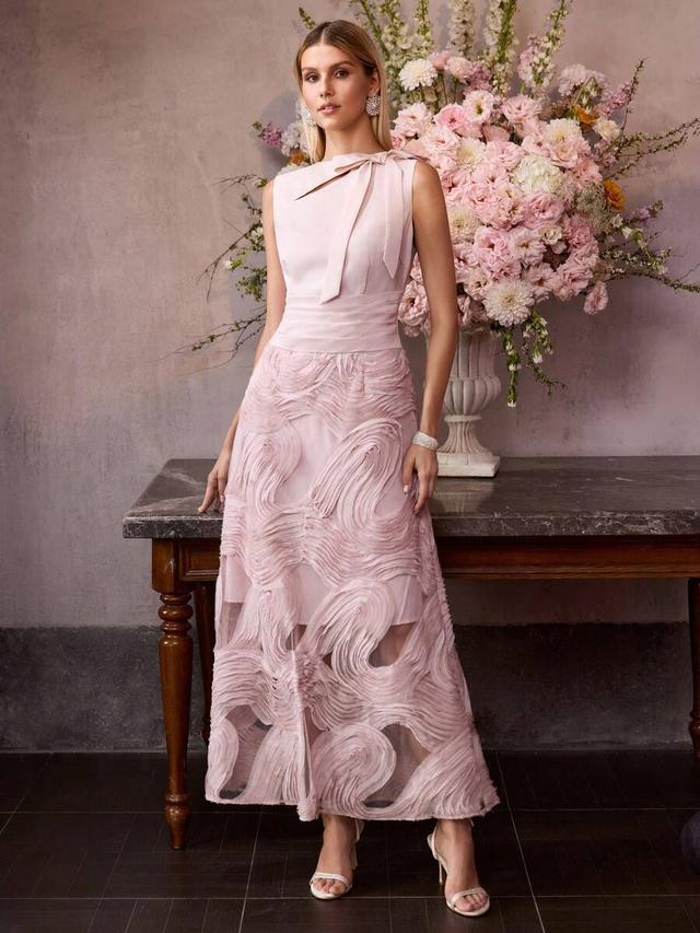 elegant pink jacquard bow tie cinched waist dress
