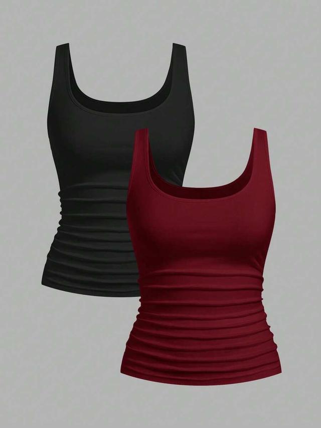 black and burgundy ruched scoop neck tank top