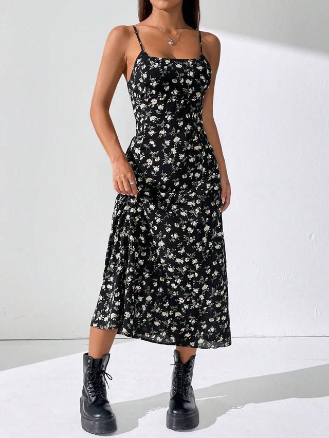 black floral print midi slip dress
