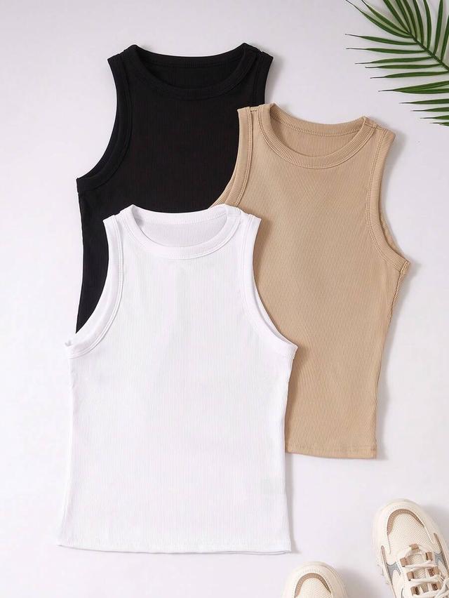 beige ribbed round neck tank top