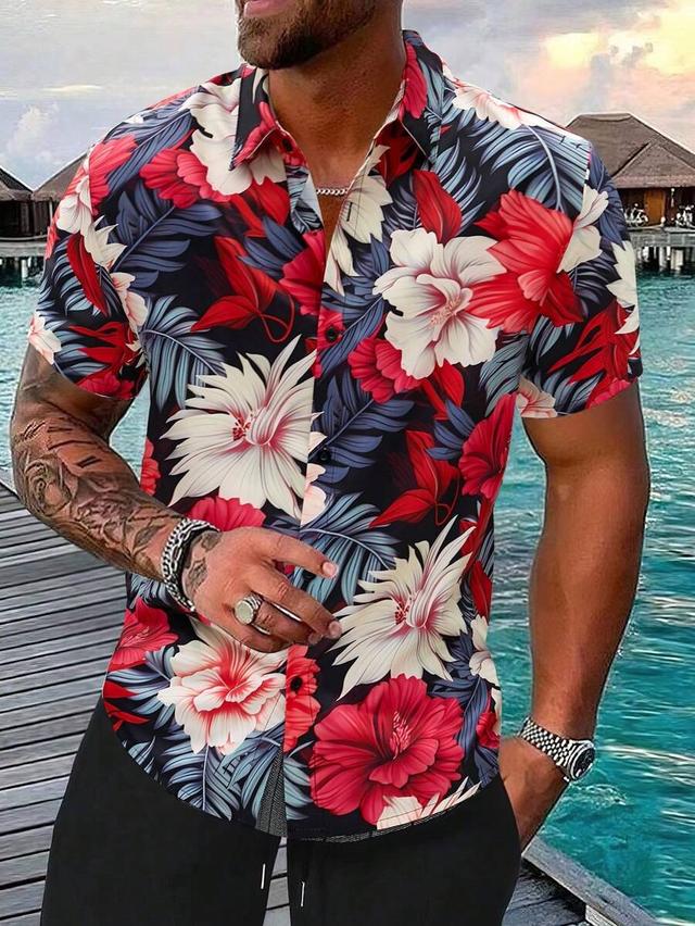 tropical plant printed short sleeve button up shirt
