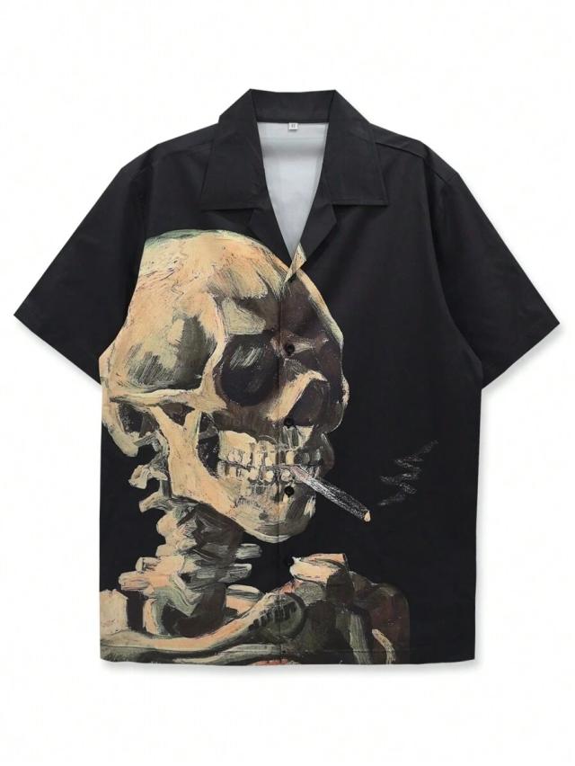 black skull graphic print casual beach shirt