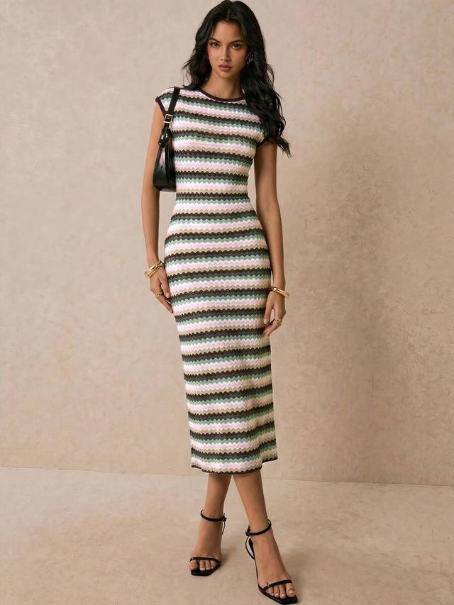 poéselle women's striped round neck cap sleeve fitted long dress