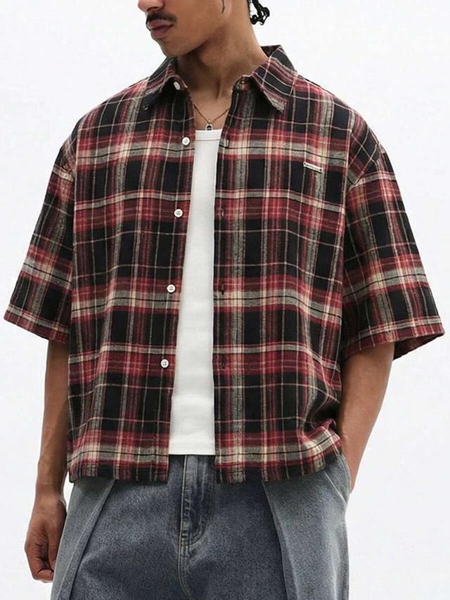casual red black plaid short sleeve flannel shirt