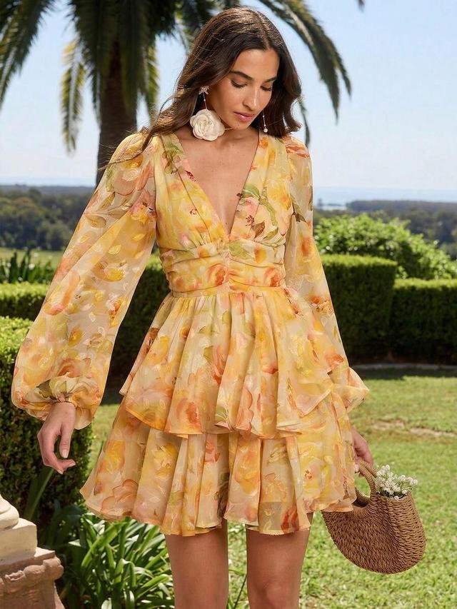 sunshine yellow floral print deep v-neck ruffled mini dress