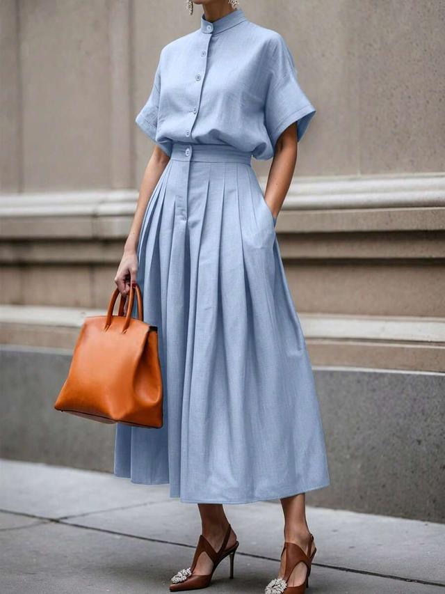 elegant light blue linen commuter two-piece set
