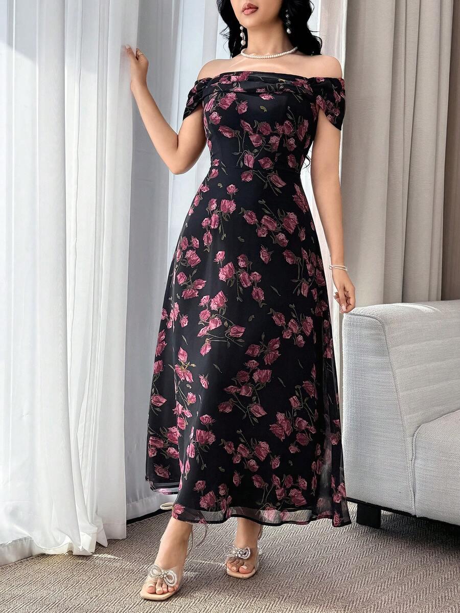 feyla floral print off-shoulder midi tea dress