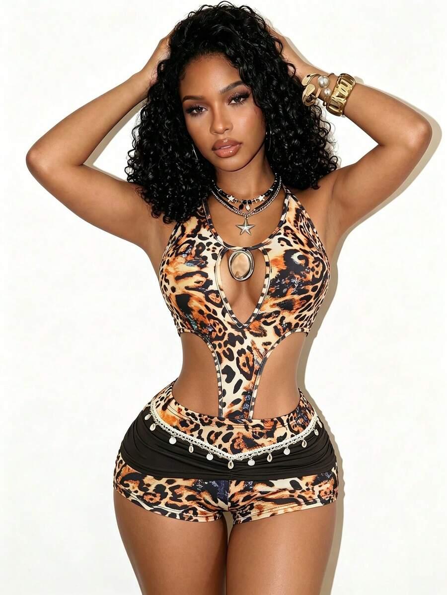 leopard print cutout halter romper with fringe detail