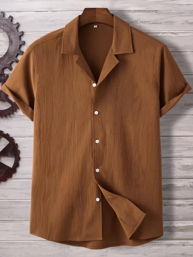 brown textured cotton button front camp collar shirt