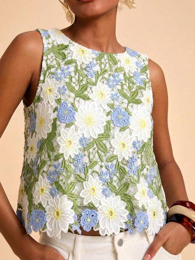 floral lace sleeveless top in white and blue