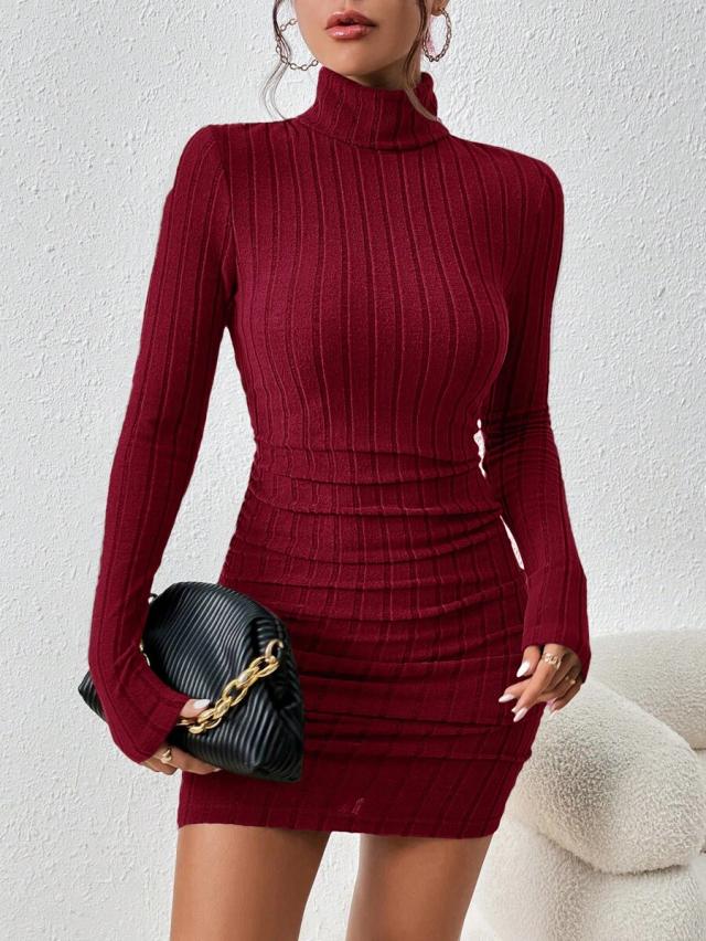 burgundy ribbed turtleneck long sleeve short dress