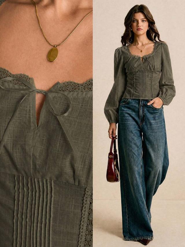 olive green lace patchwork tie-up casual blouse