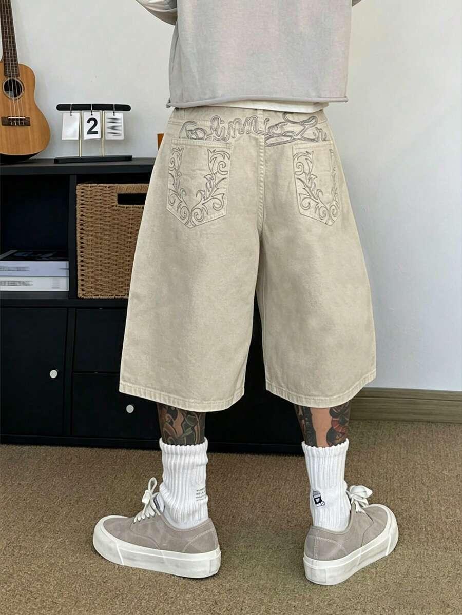 beige embroidered streetwear straight leg denim shorts