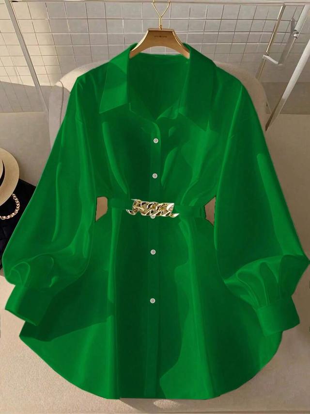 qadelle solid green long sleeve button up shirt