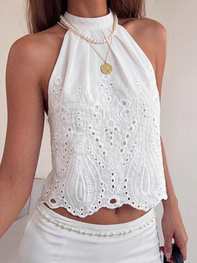white eyelet embroidery halter neck casual blouse