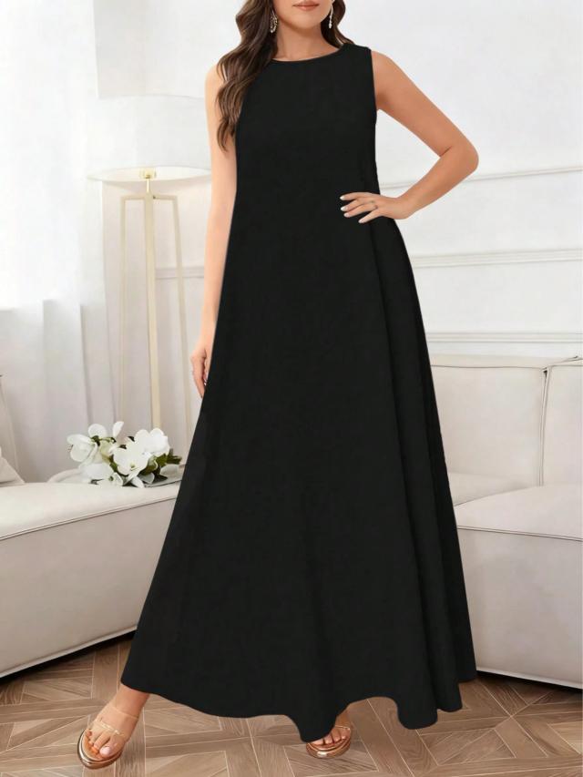 women's elegant solid black round neck sleeveless loose dress