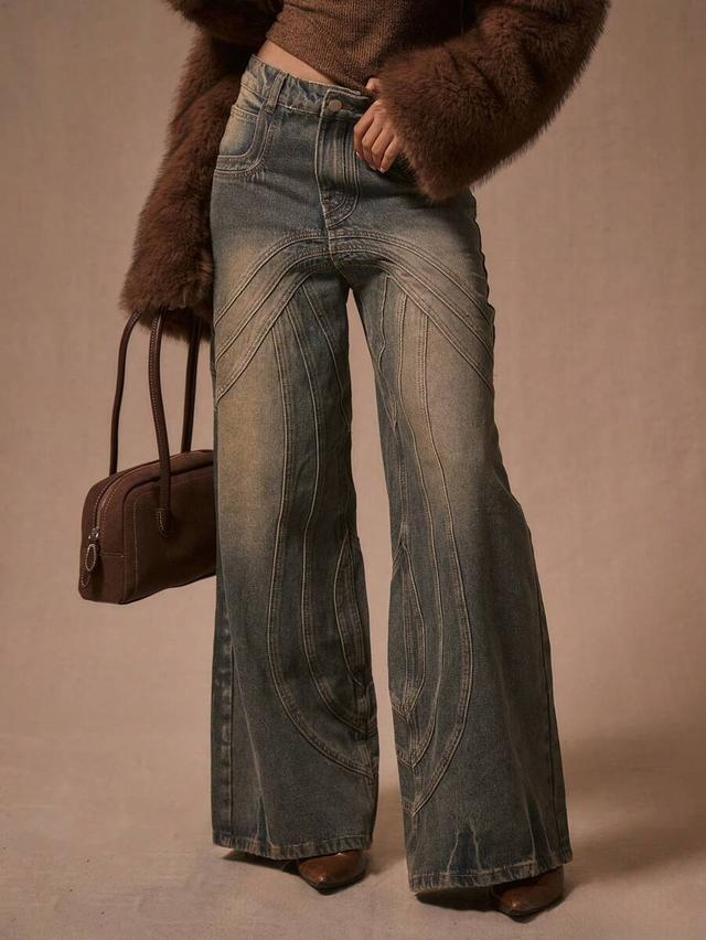 stitching detail loose fit vintage wash denim jeans