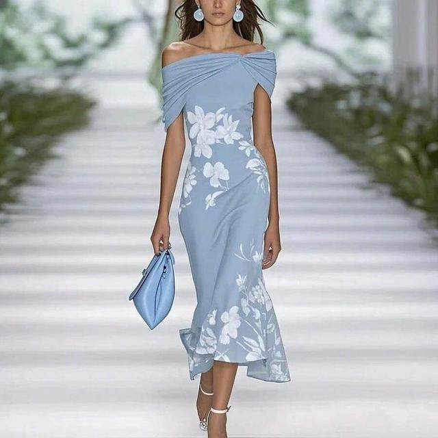 light blue floral off-shoulder midi dress