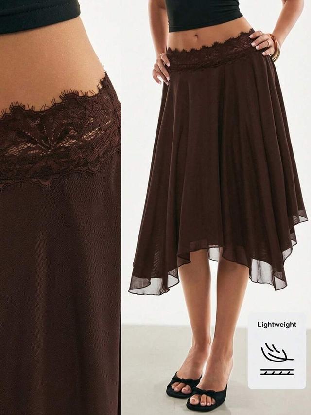 poéselle solid brown lace patchwork asymmetric hem skirt