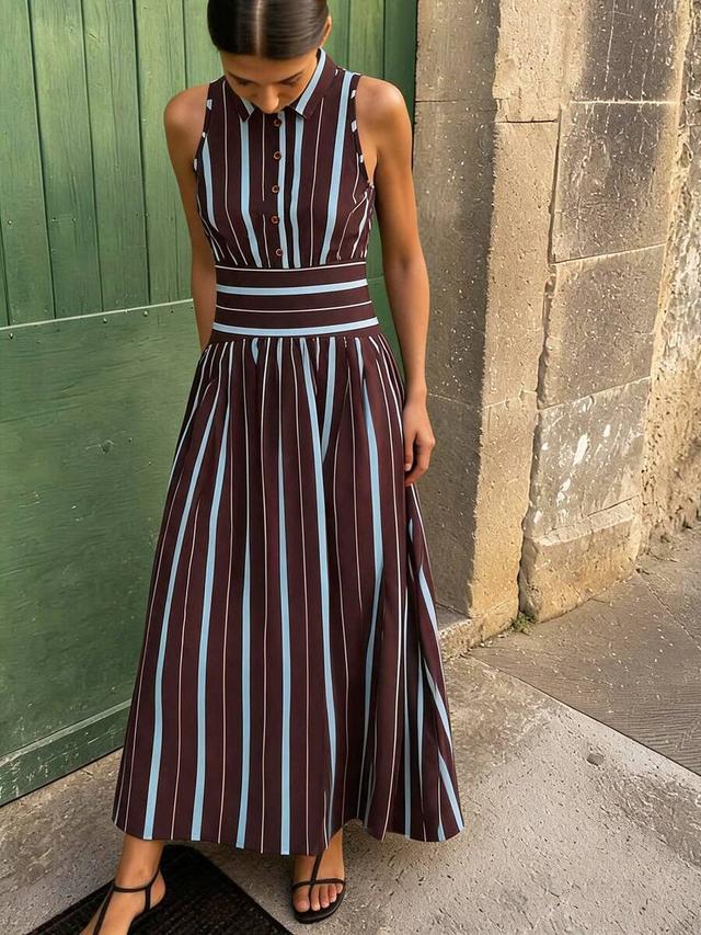 elegant striped sleeveless button front summer dress