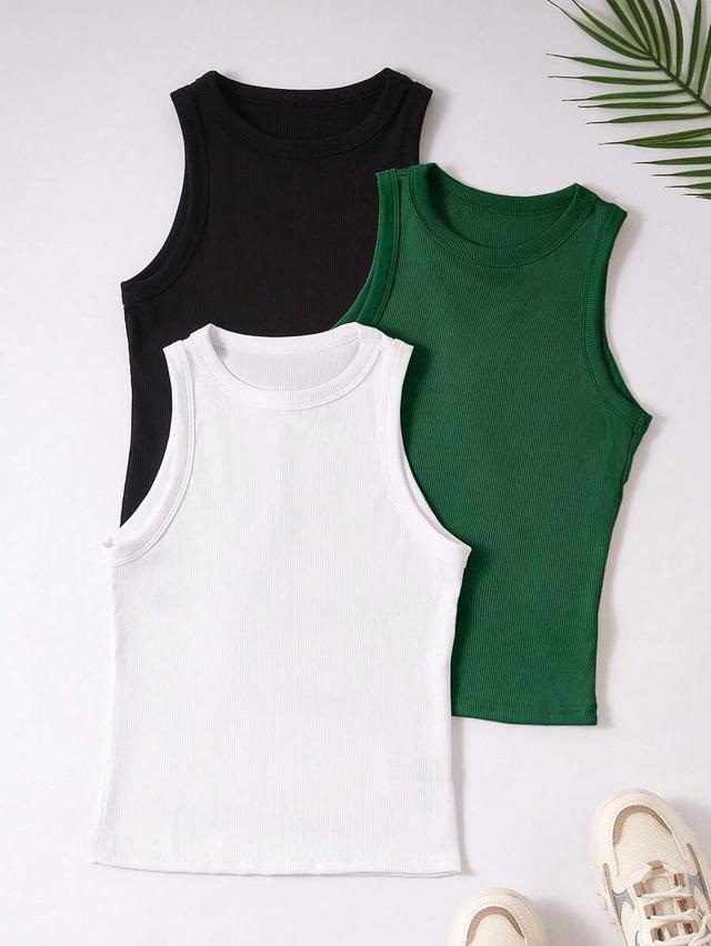 green franclia women solid color round neck ribbed sleeveless top