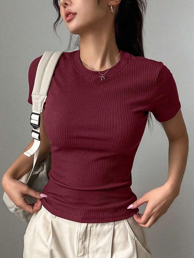 burgundy ribbed round neck short sleeve casual top