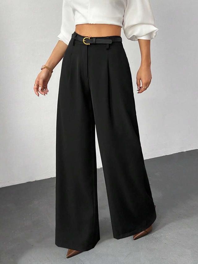 black high-waisted wide-leg trousers with belt