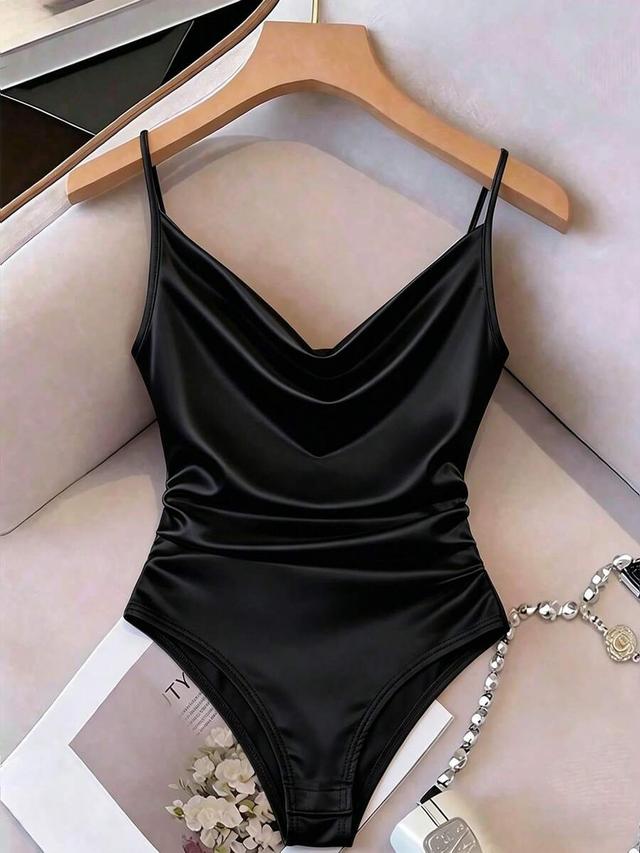black satin draped neck ruched sleeveless bodysuit